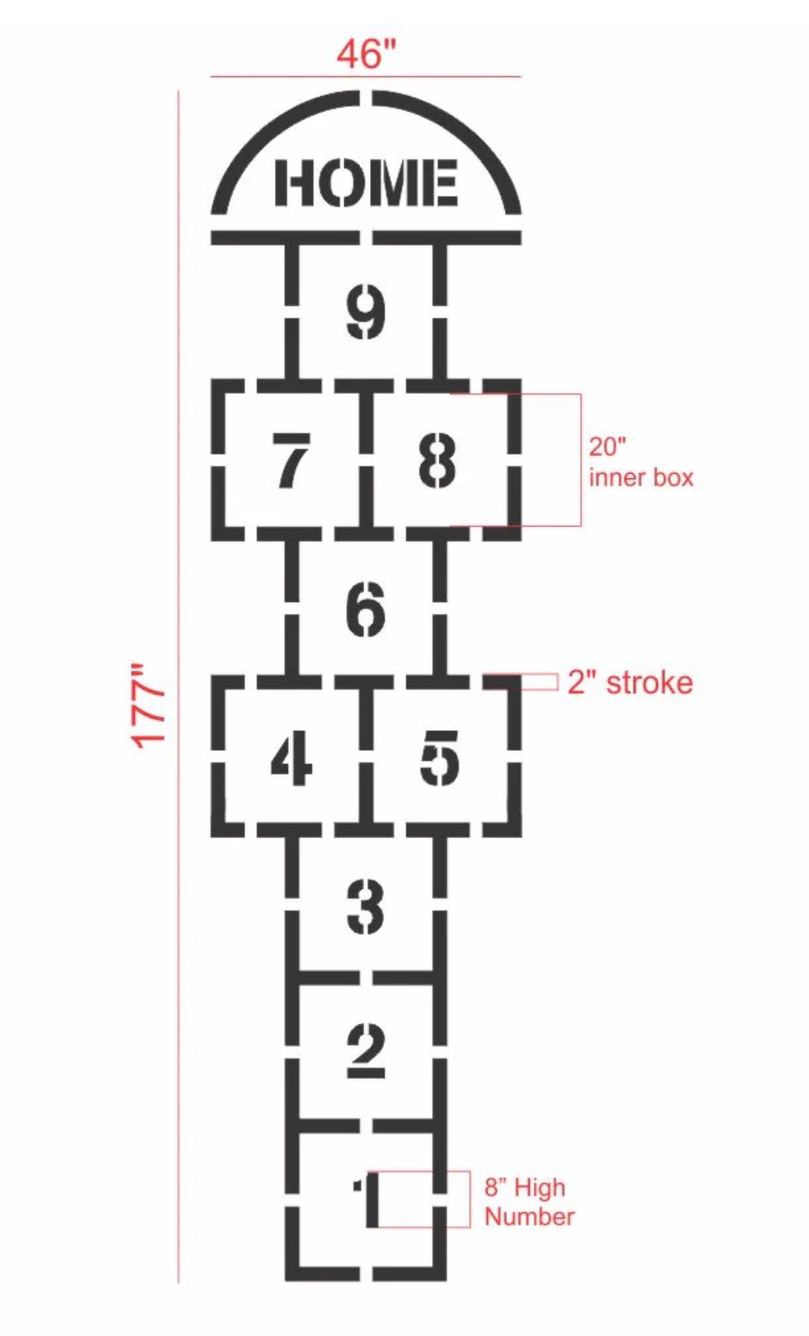 Hopscotch grid diagram for kindergarten and primary use, 46 inches wide by 177 inches long with 20-inch inner boxes